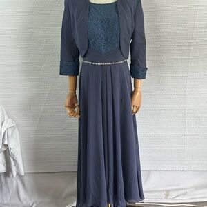 JJs House Dusty Blue Lace Chiffon Formal Gown w/Bolero Jacket Rhinestone Waist